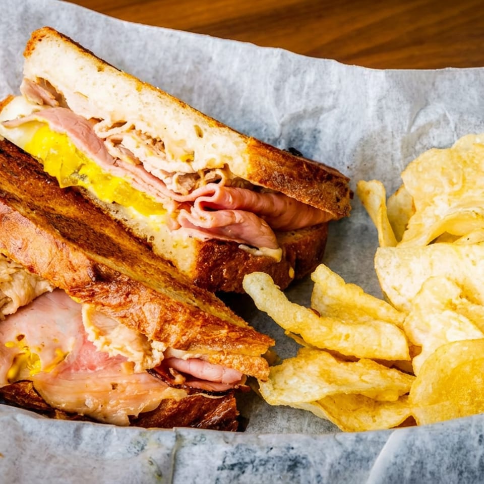 Grilled sandwich with ham, cheese, and mustard, served with potato chips in a paper-lined basket.