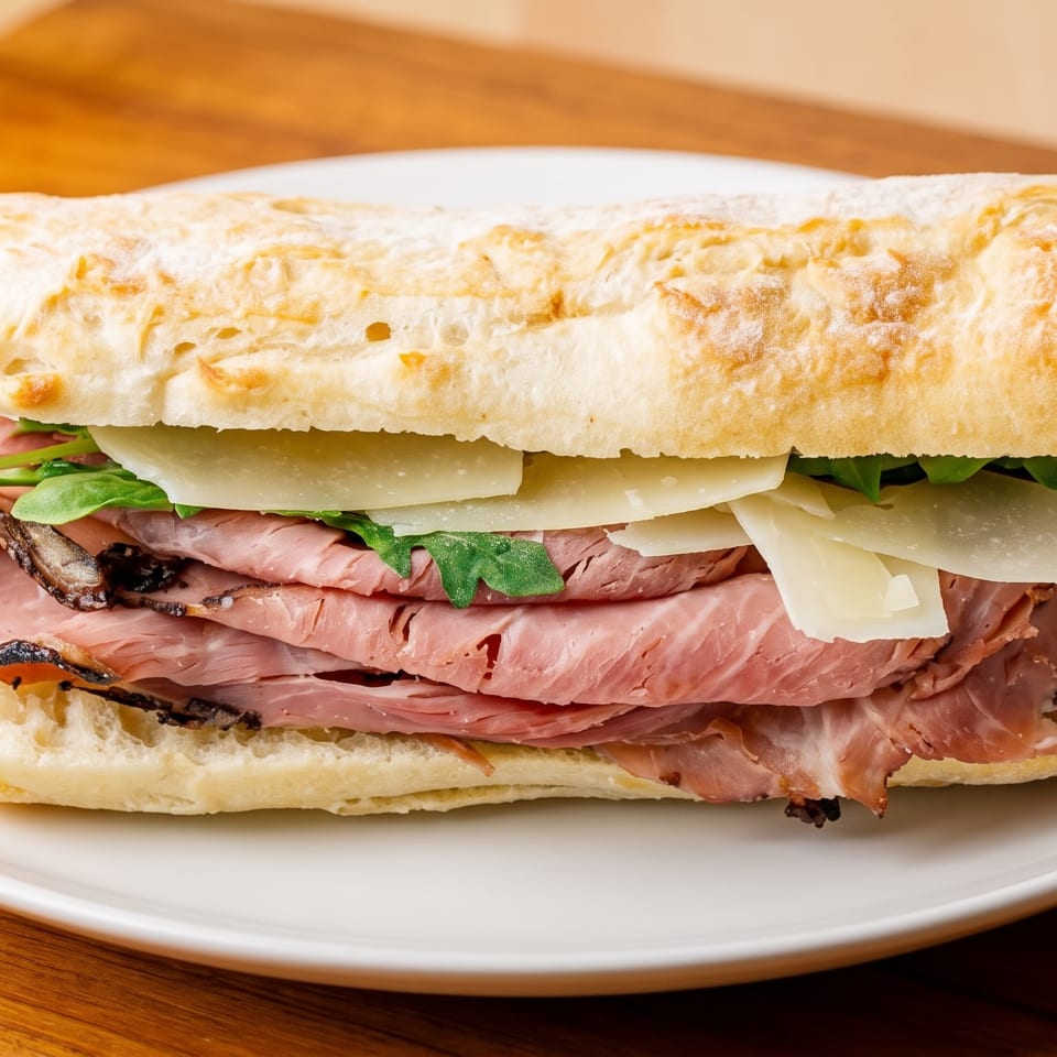 Roast beef sandwich with shaved cheese and arugula on rustic bread, served on a white plate atop a wooden table.