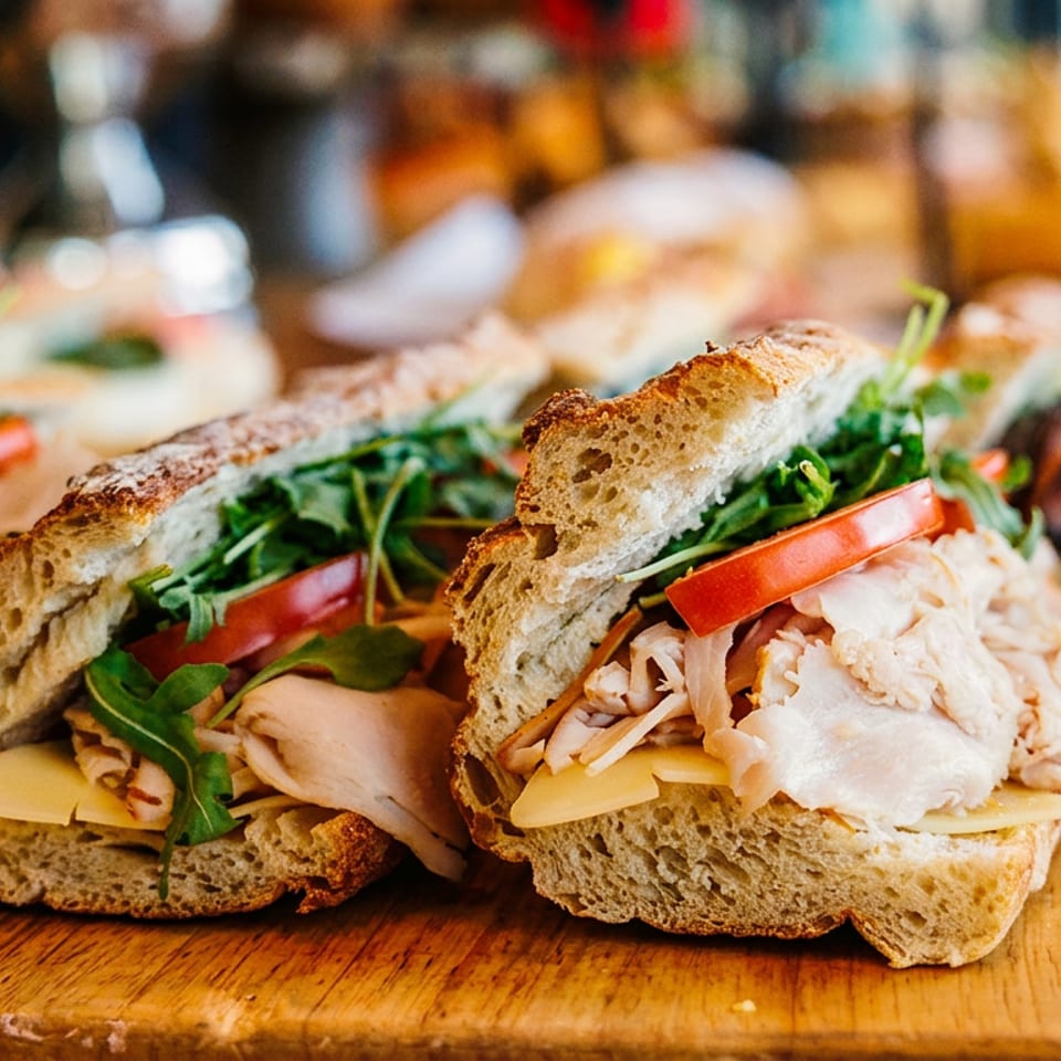 Rustic bread sandwiches filled with turkey, cheese, tomato, and arugula on a wooden board.