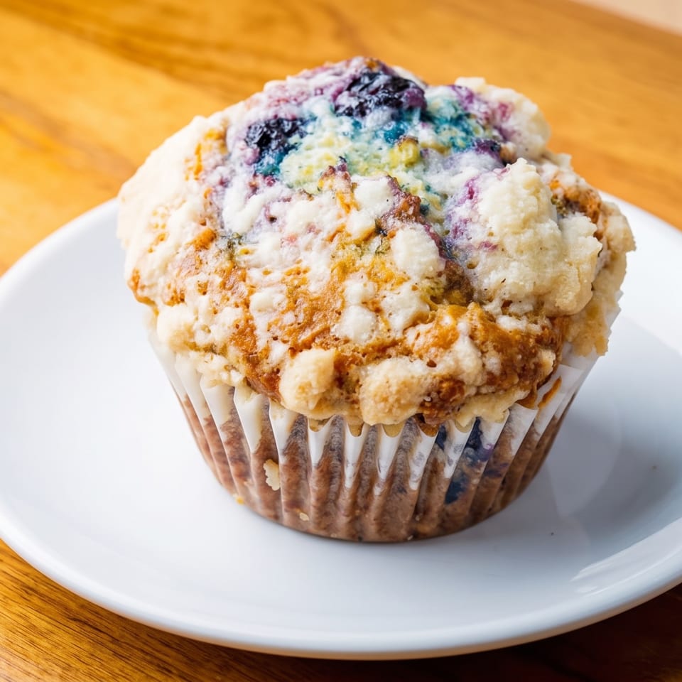 Blueberry muffin topped with crumbly streusel, served on a white plate atop a wooden table.
