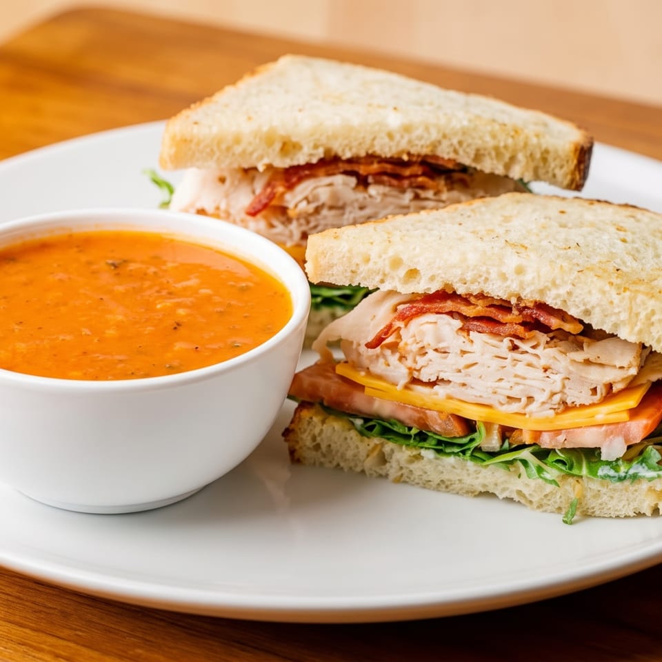 Two turkey, bacon, and cheese sandwiches with lettuce and tomato served alongside creamy tomato soup on a white plate.