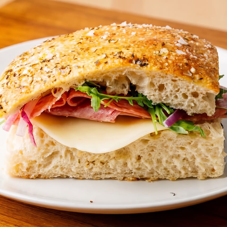 Layered focaccia sandwich with salami, cheese, greens, and vegetables on a white plate atop a wooden table.