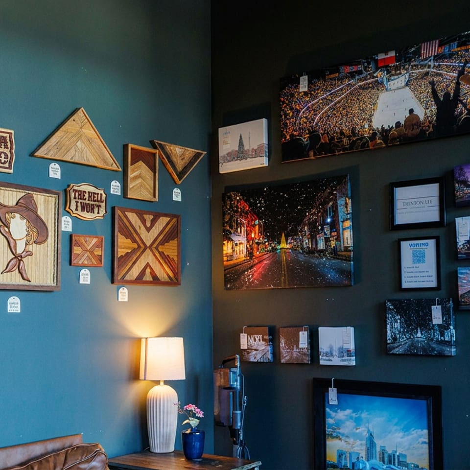 Eclectic wall decor featuring wooden cowboy art, geometric designs, and framed cityscape and sports photos.