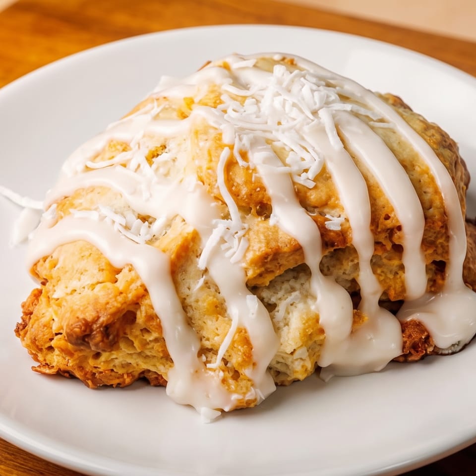 Golden biscuits topped with white icing and shredded coconut on a white plate atop a wooden table.