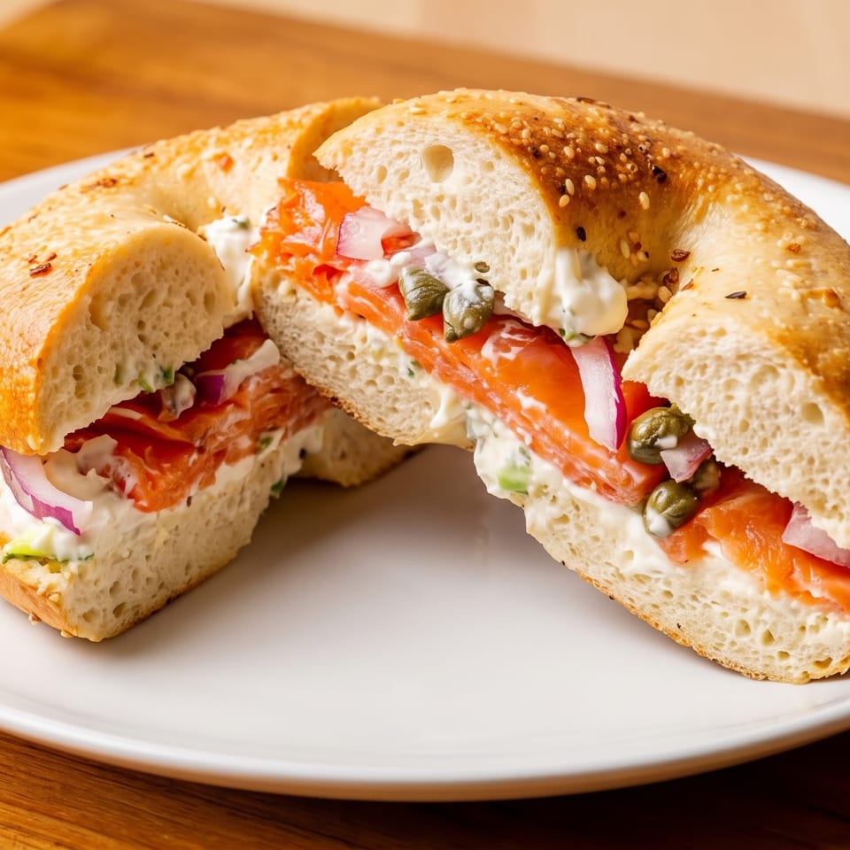 Sesame bagel sandwich filled with smoked salmon, cream cheese, tomatoes, red onion, and capers on a white plate.
